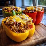 Close-up of a yellow taco stuffed pepper filled with seasoned ground beef, rice, and beans, topped with melted cheese.