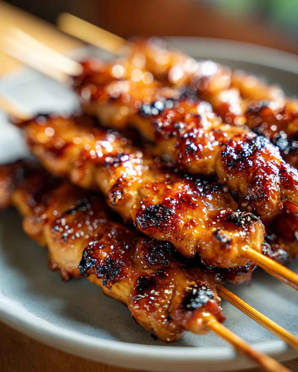 Close-up of juicy teriyaki chicken skewers, glazed and slightly charred, served on a plate.