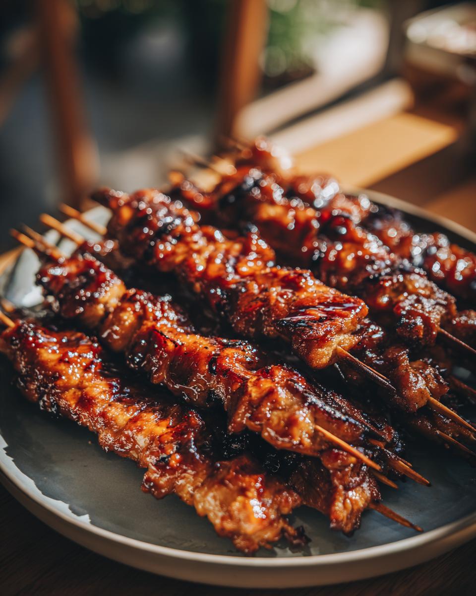 Close-up of several juicy teriyaki chicken skewers arranged on a plate, glistening with teriyaki glaze.