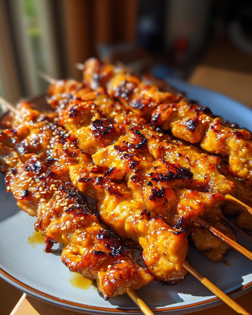 Close-up of juicy teriyaki chicken skewers, glazed and sprinkled with sesame seeds.