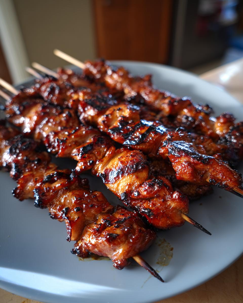 Close-up of juicy teriyaki chicken skewers, grilled to perfection with a glossy glaze, served on a grey plate.