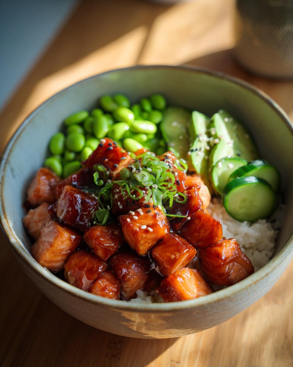 A close-up of a Teriyaki Salmon Bowl featuring glazed salmon cubes, white rice, edamame, sliced avocado, and green onions.