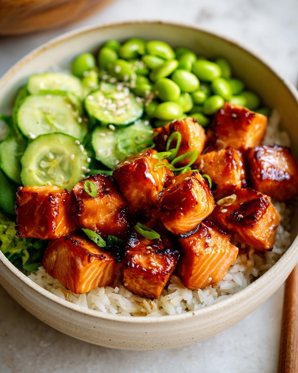 A close-up of a Teriyaki Salmon Bowl featuring glazed salmon cubes over rice, with edamame and sliced cucumbers.