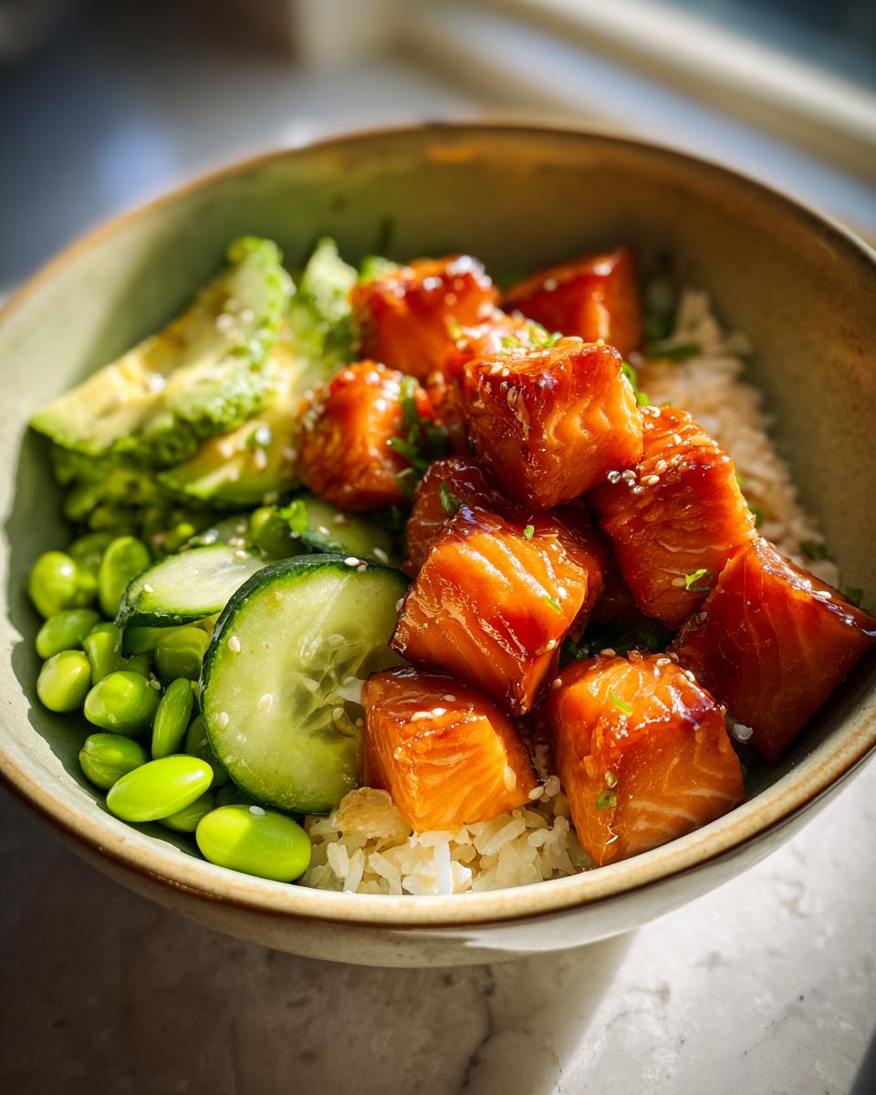 A close-up of a Teriyaki Salmon Bowl featuring glazed salmon cubes, rice, sliced avocado, cucumber, and edamame, sprinkled with sesame seeds.