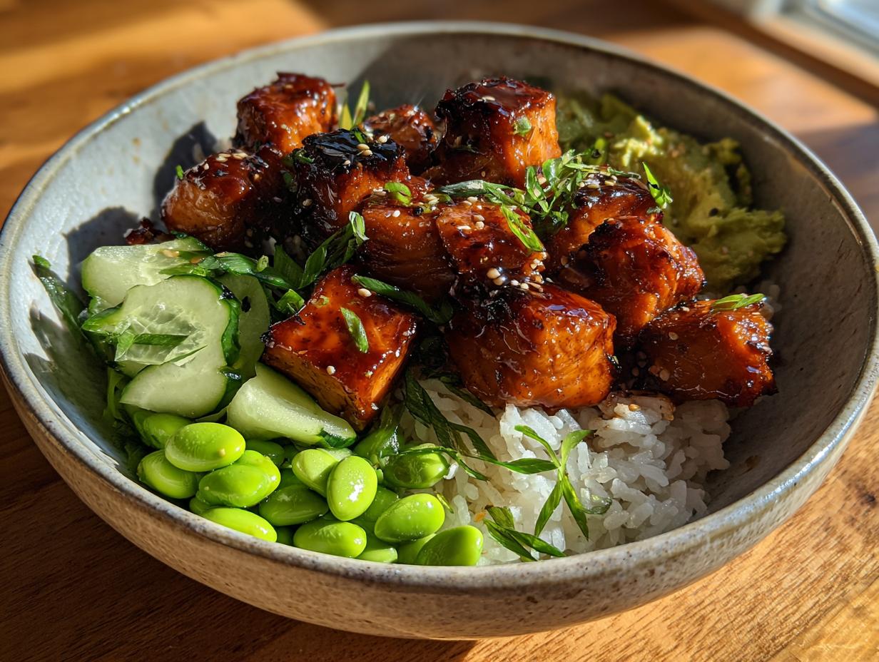 A close-up of a Teriyaki salmon bowl featuring glazed salmon cubes, rice, edamame, cucumber slices, and mashed avocado.