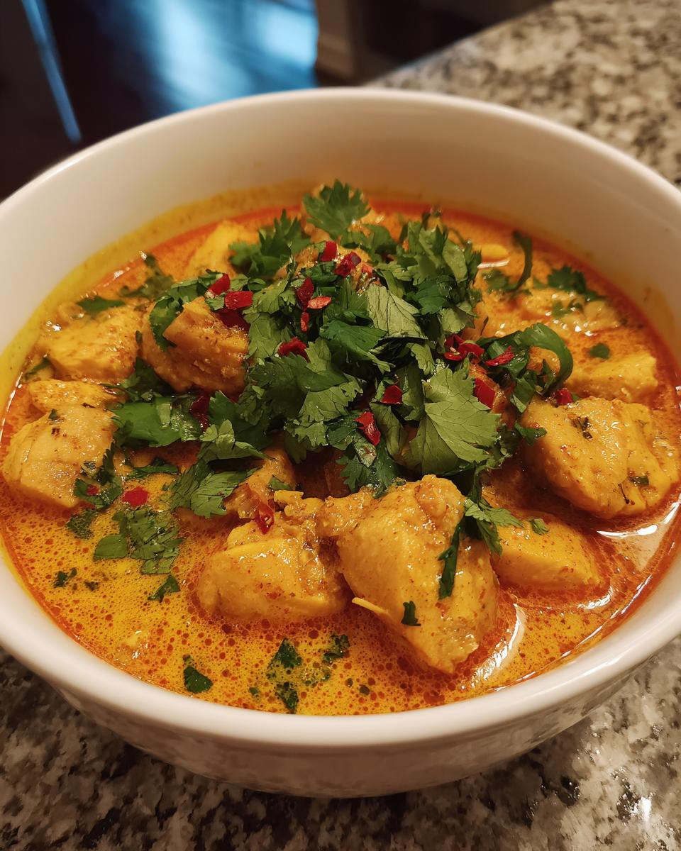 A close-up of a bowl of Thai coconut curry soup with tender chicken pieces, garnished with fresh cilantro and red chili flakes.