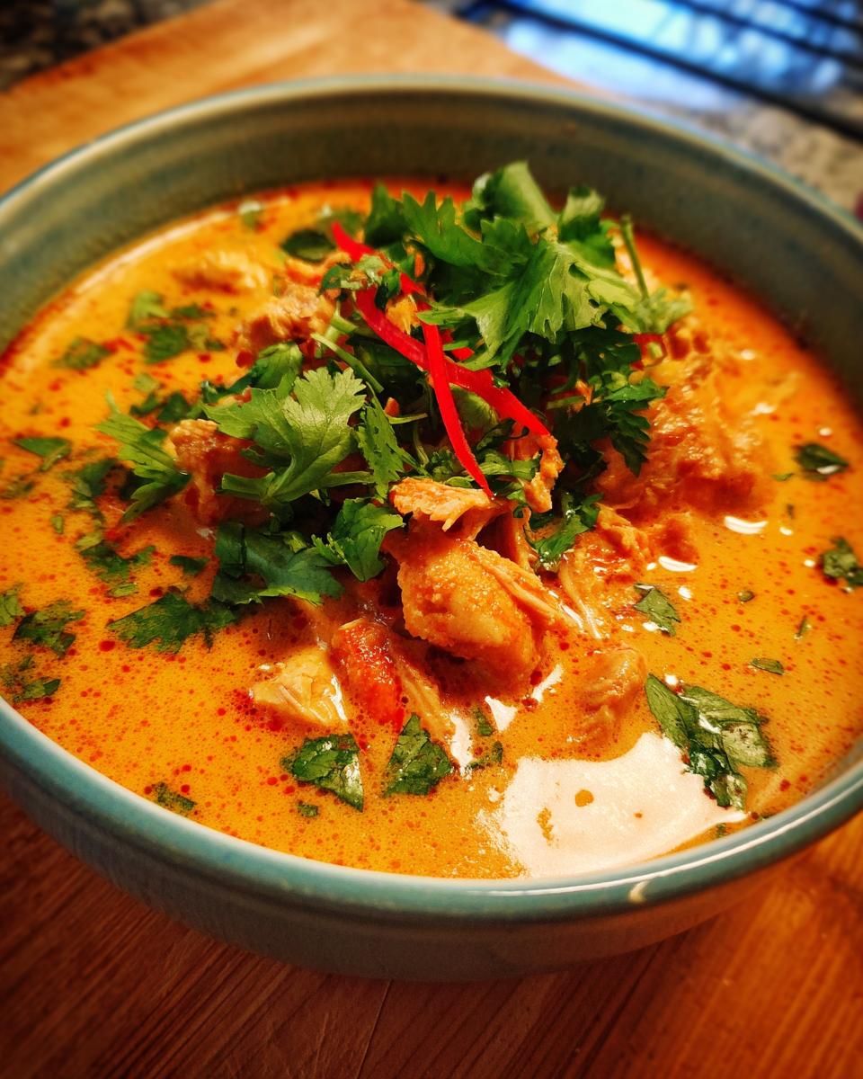 A close-up of a bowl of Thai coconut curry soup with tender chicken pieces, garnished with fresh cilantro and red chili slices.