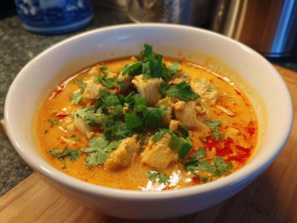 A close-up of a white bowl filled with flavorful Thai coconut curry soup, featuring tender chicken pieces and fresh cilantro.