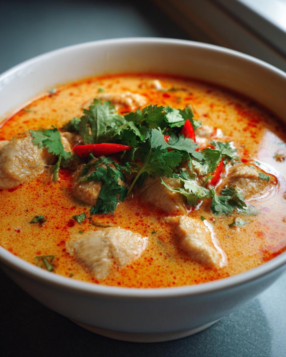 A close-up of a bowl of Thai coconut curry soup with tender chicken pieces, garnished with fresh cilantro and red chili slices.