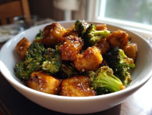 Close-up of a white bowl filled with glistening tofu broccoli stir fry, coated in a savory sauce and sprinkled with sesame seeds.