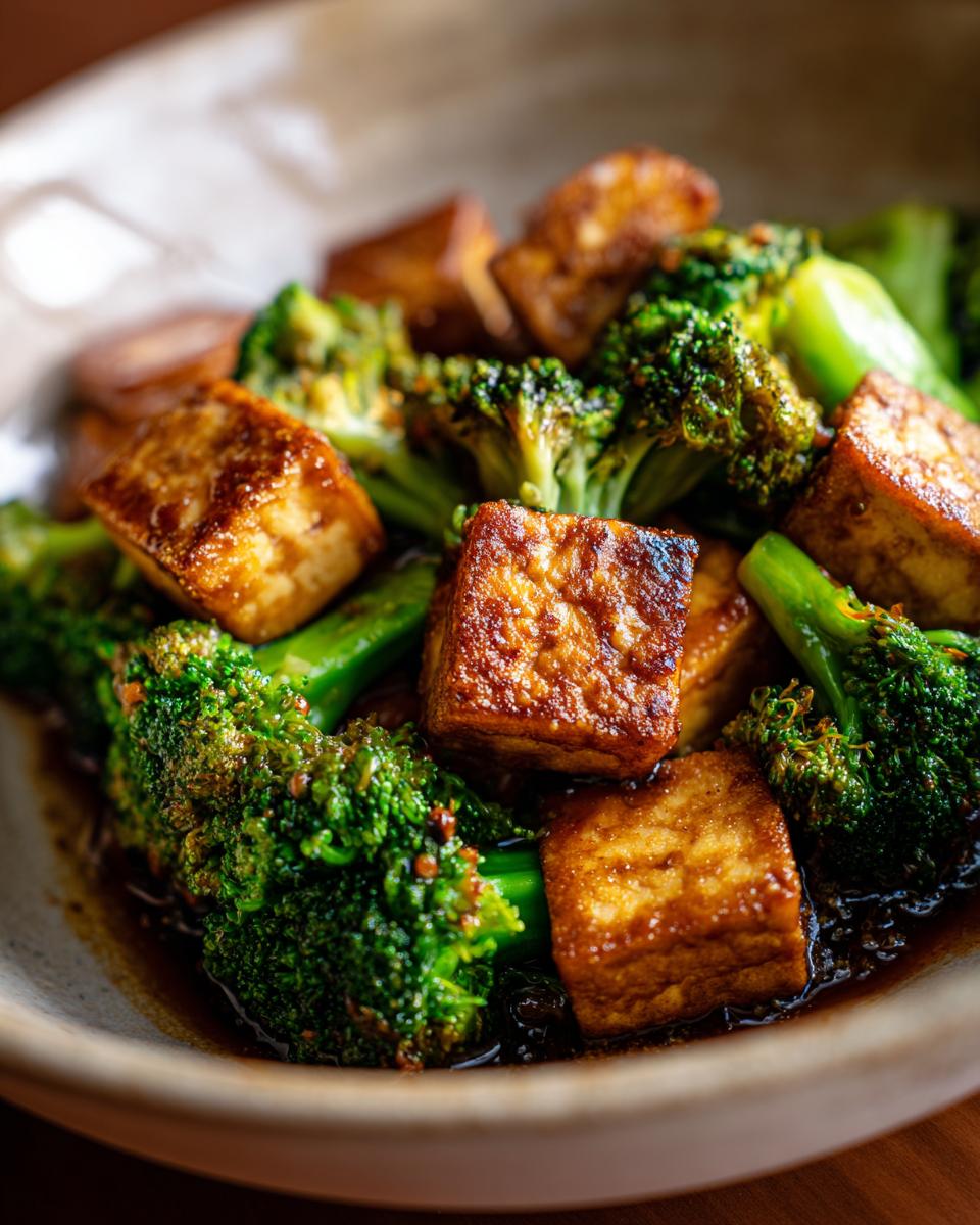 Close-up of golden brown crispy tofu cubes and vibrant green broccoli florets in a savory stir-fry sauce.