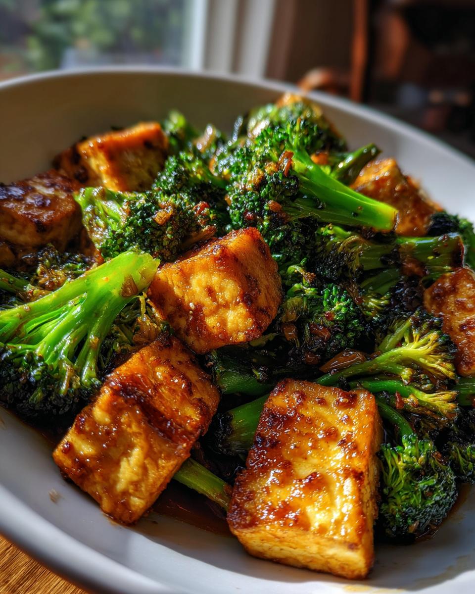 Close-up of a delicious tofu broccoli stir fry in a white bowl, featuring golden-brown tofu cubes and vibrant green broccoli florets coated in a glossy sauce.