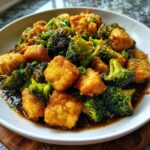 A close-up of a white bowl filled with crispy tofu broccoli stir fry in a rich, dark sauce, garnished with green onions.