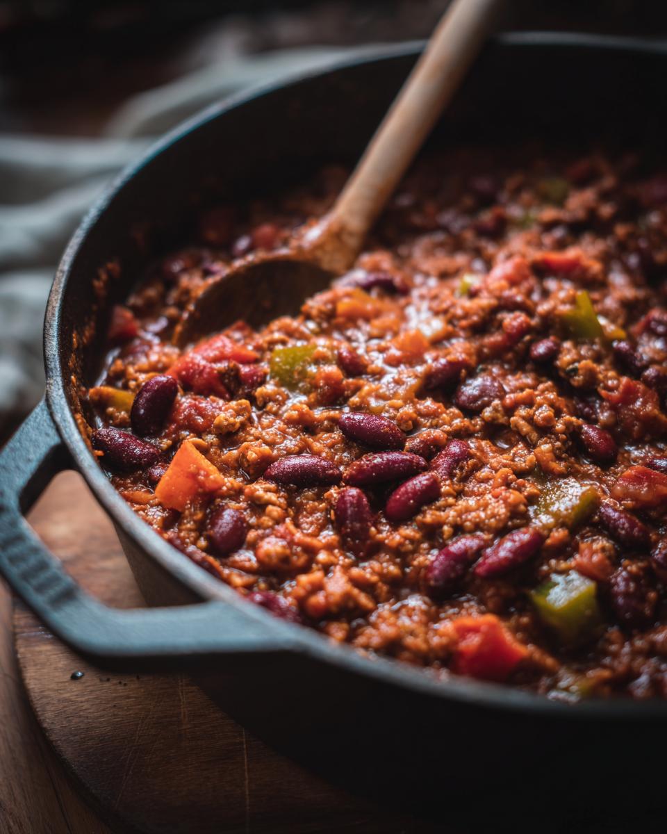 Close-up of a rustic cast iron pot filled with delicious vegetarian chili, featuring kidney beans, tomatoes, and peppers.