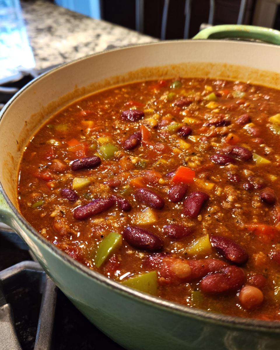 Close-up of a pot filled with delicious vegetarian chili, featuring kidney beans, bell peppers, and tomatoes.