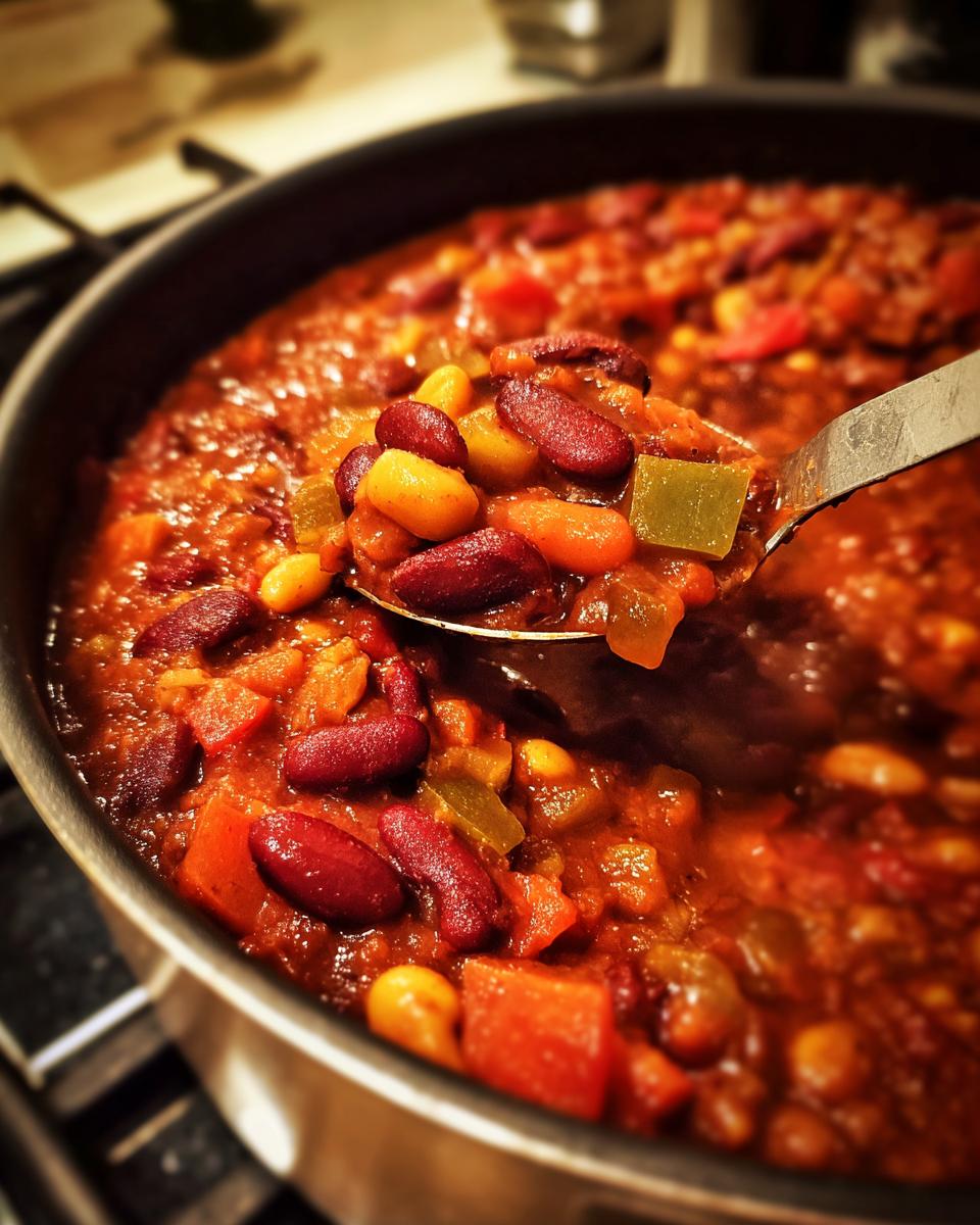 A close-up of a spoonful of hearty vegetarian chili, filled with kidney beans, chickpeas, and diced vegetables.