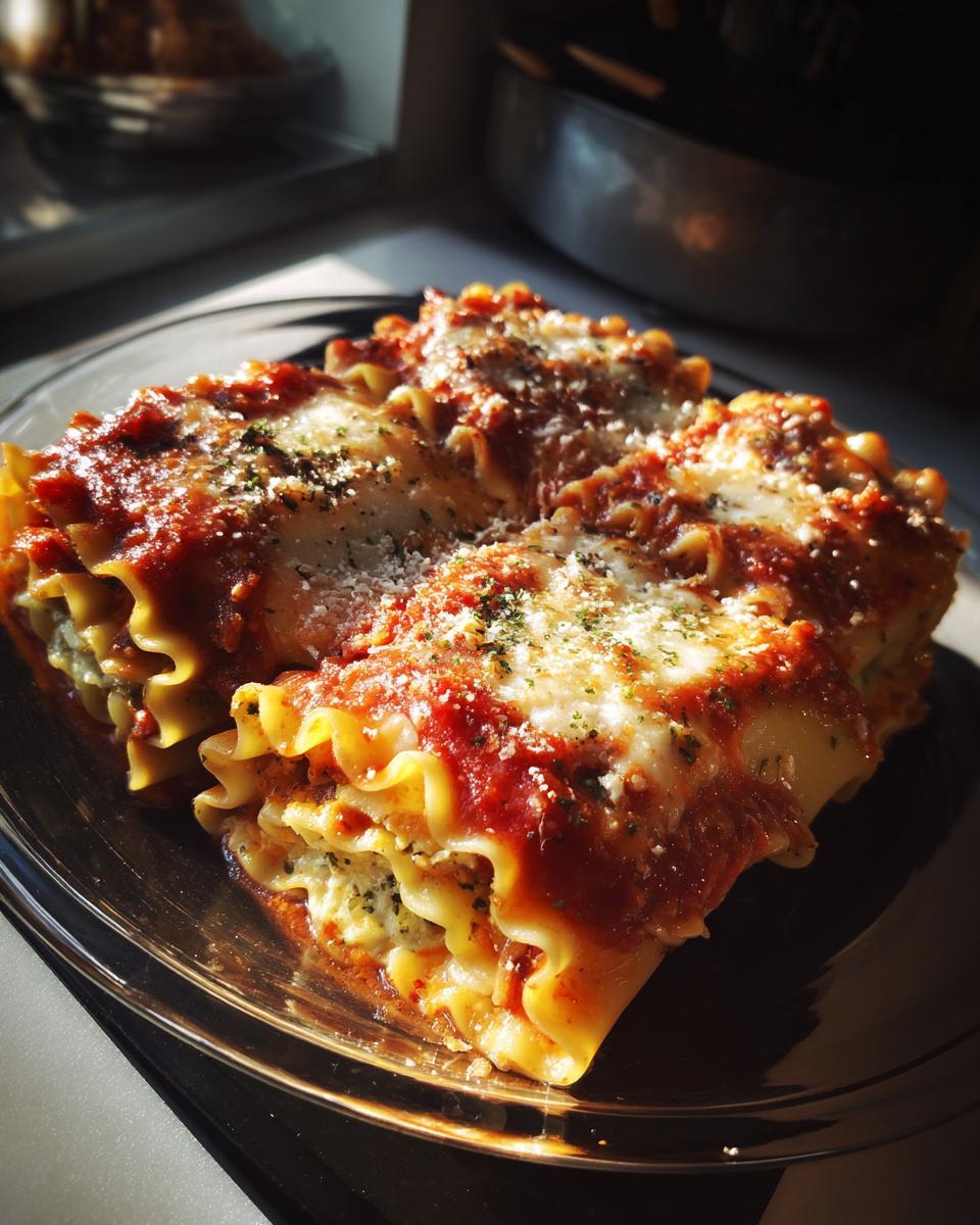 Close-up of three vegetarian lasagna rolls topped with marinara sauce, melted cheese, and herbs.