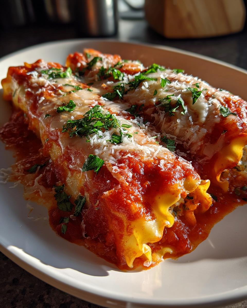 Close-up of vegetarian lasagna rolls topped with marinara sauce, melted cheese, and fresh parsley.