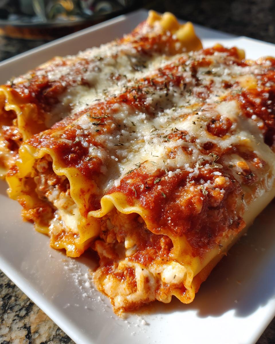 Close-up of three vegetarian lasagna rolls topped with marinara sauce, melted cheese, and herbs.
