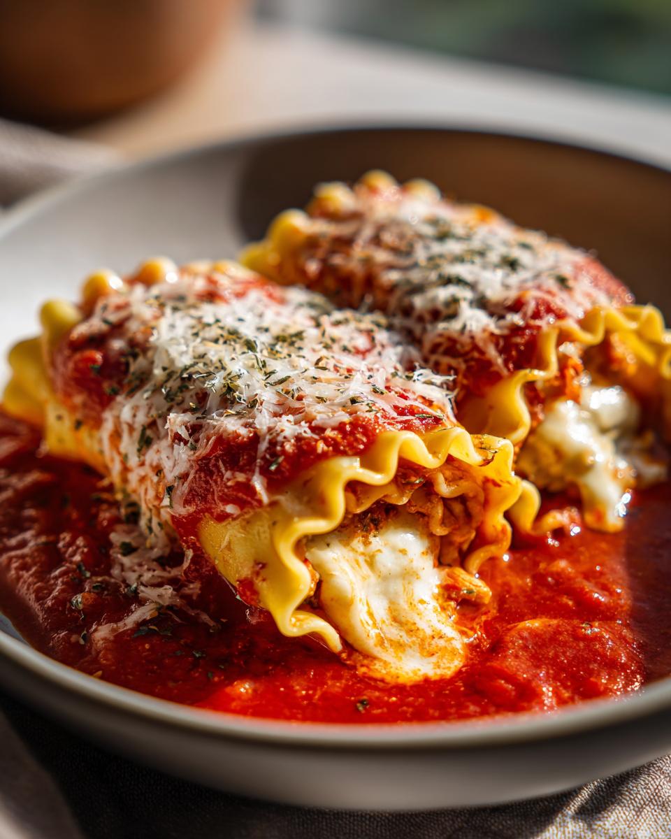 Close-up of two vegetarian lasagna rolls in a bowl, covered in marinara sauce and topped with melted cheese and herbs.