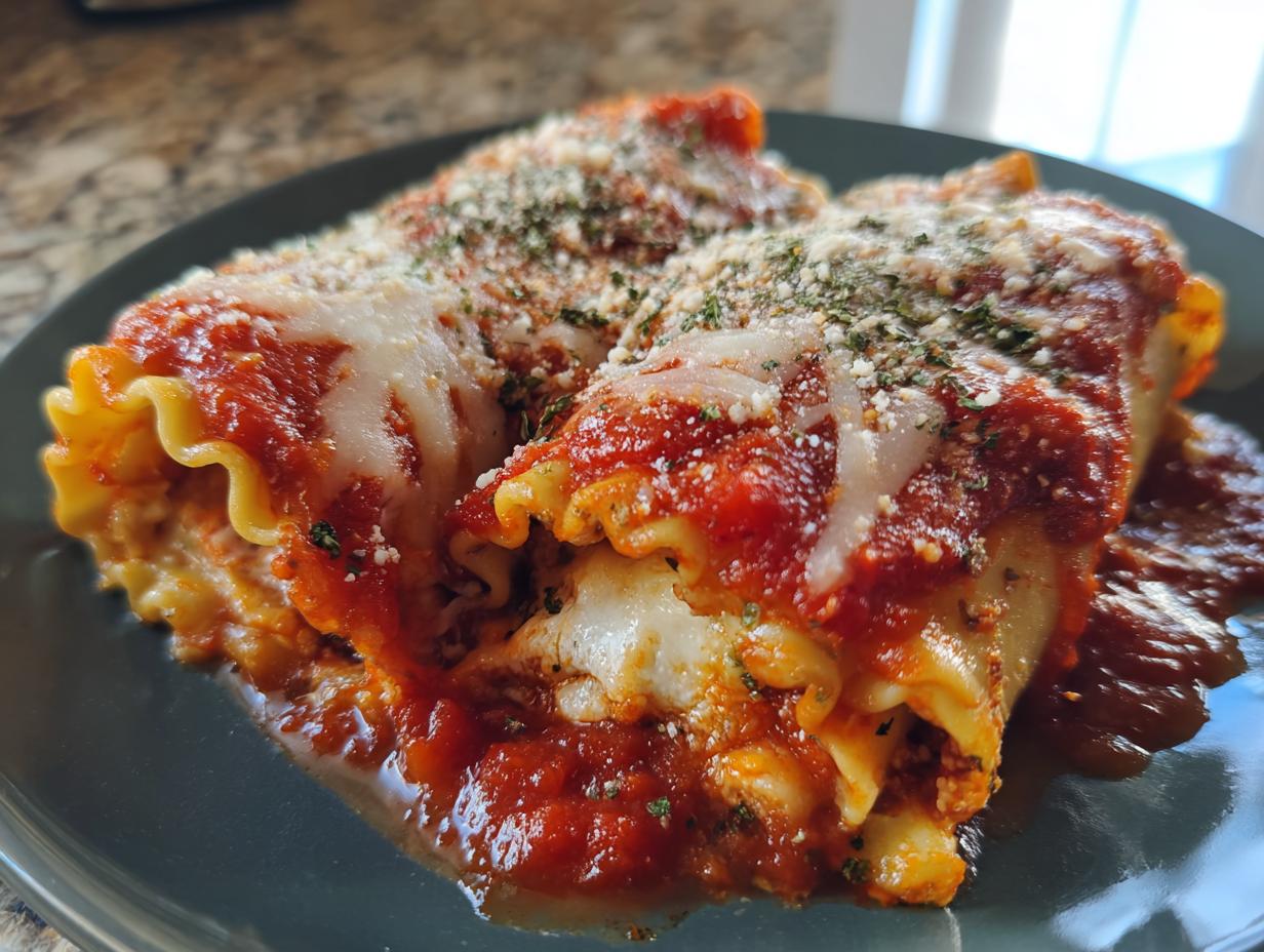 Close-up of two vegetarian lasagna rolls smothered in marinara sauce and topped with melted cheese and herbs.