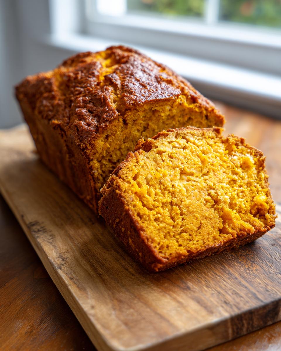 A close-up view of a freshly baked 1-bowl pumpkin bread loaf, with one slice cut and showing its moist texture.