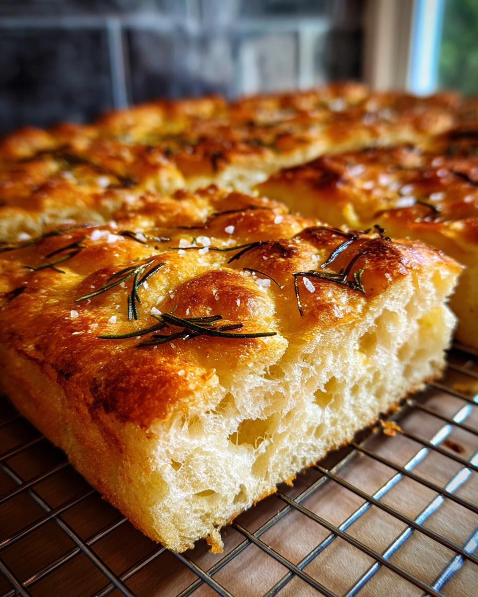 Close-up of a slice of airy Focaccia bread topped with fresh rosemary and coarse sea salt, resting on a wire rack.