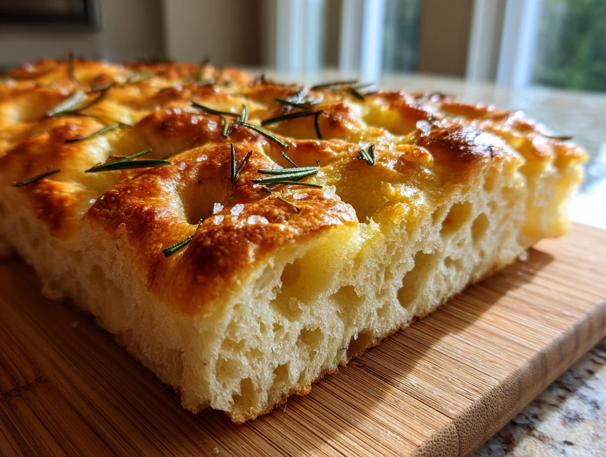A close-up shot of a slice of airy focaccia bread with fresh rosemary and coarse sea salt on top, resting on a wooden board.