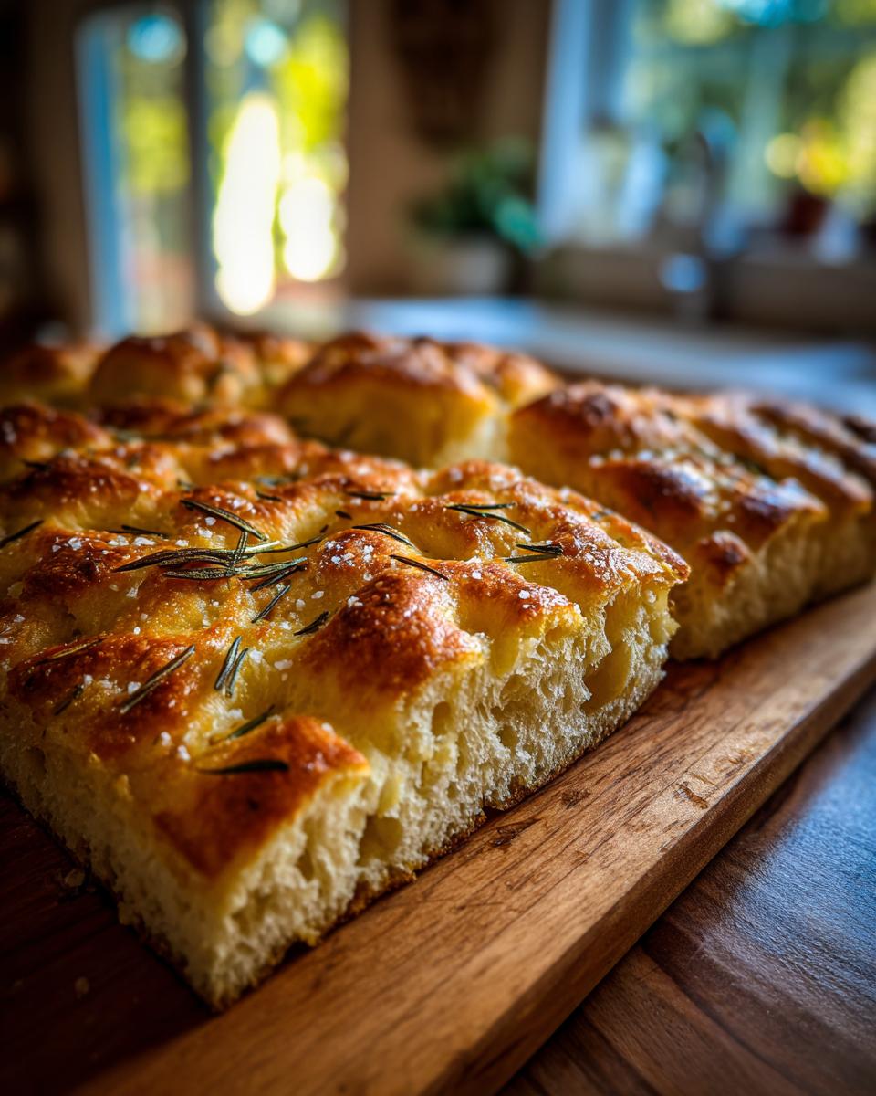 Close-up of a slice of airy Italian Focaccia bread topped with rosemary and sea salt, on a wooden board.