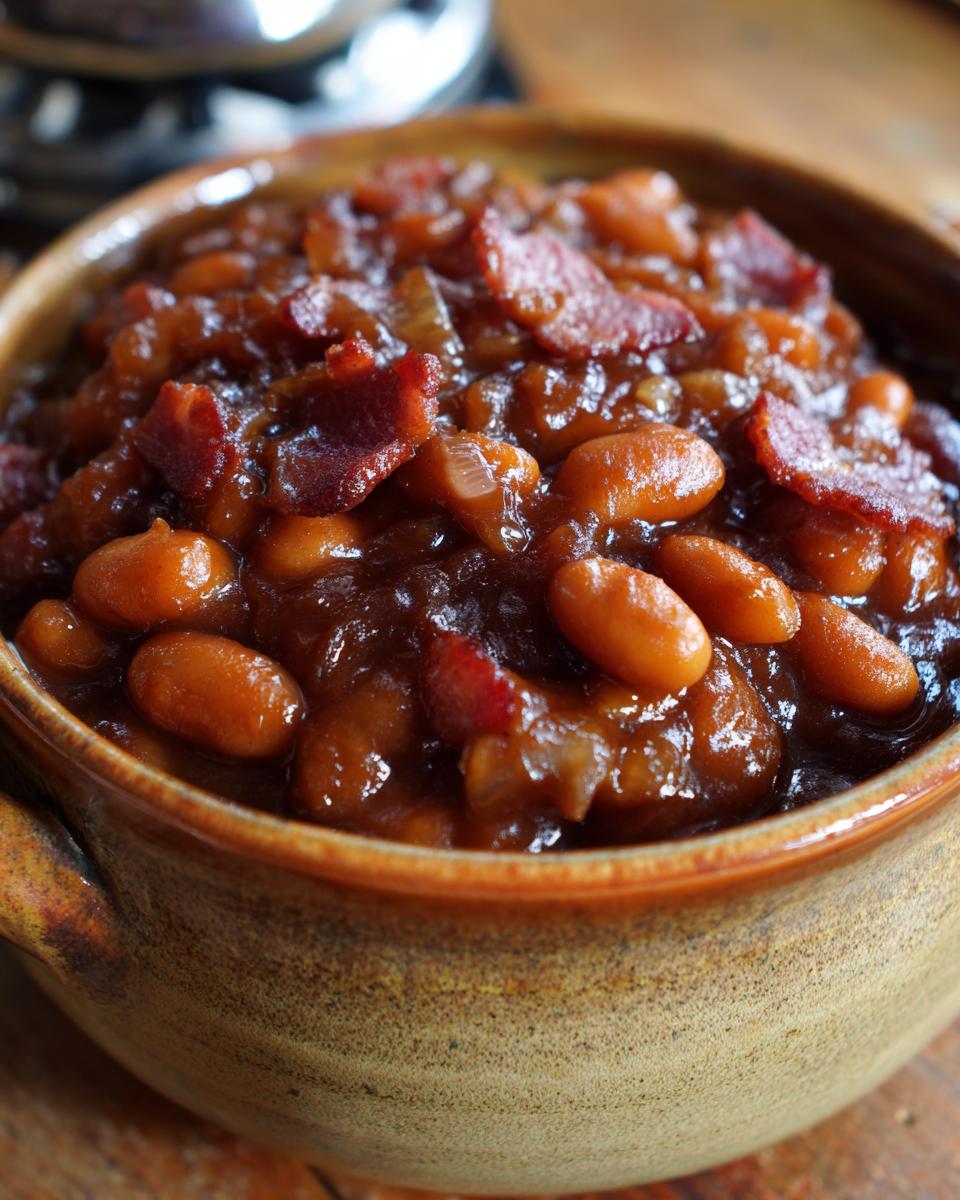 Close-up of a rustic bowl filled with delicious baked beans topped with crispy bacon.