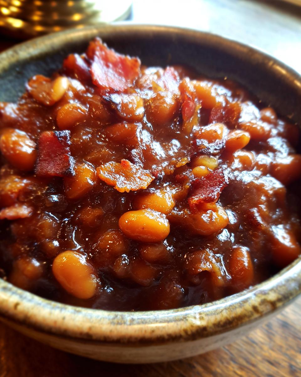 Close-up of a bowl filled with delicious baked beans topped with crispy bacon pieces.