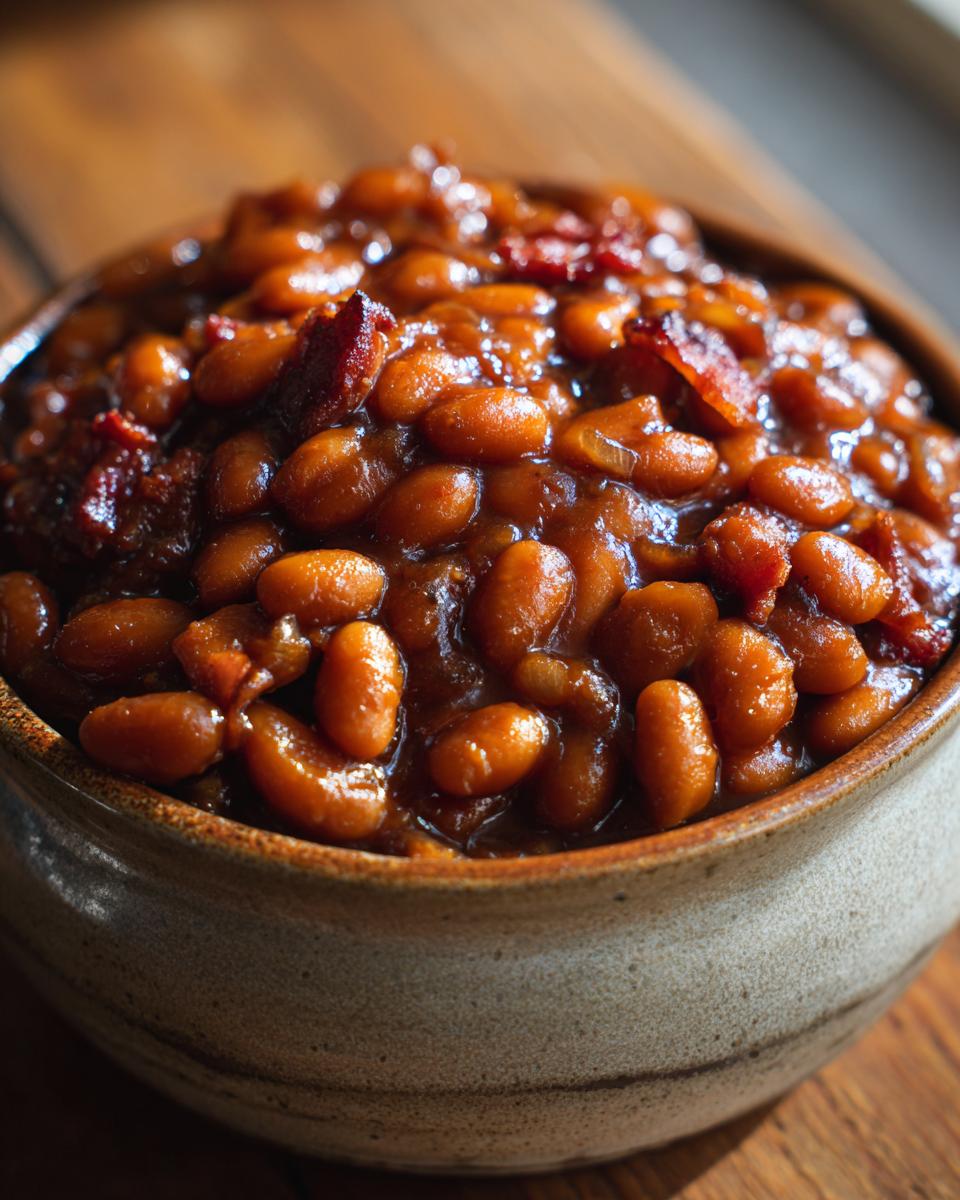 Close-up of a bowl filled with rich, glossy baked beans topped with crispy bacon pieces.