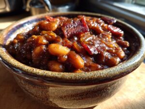 Close-up of a rustic bowl filled with savory baked beans and crispy bacon pieces.