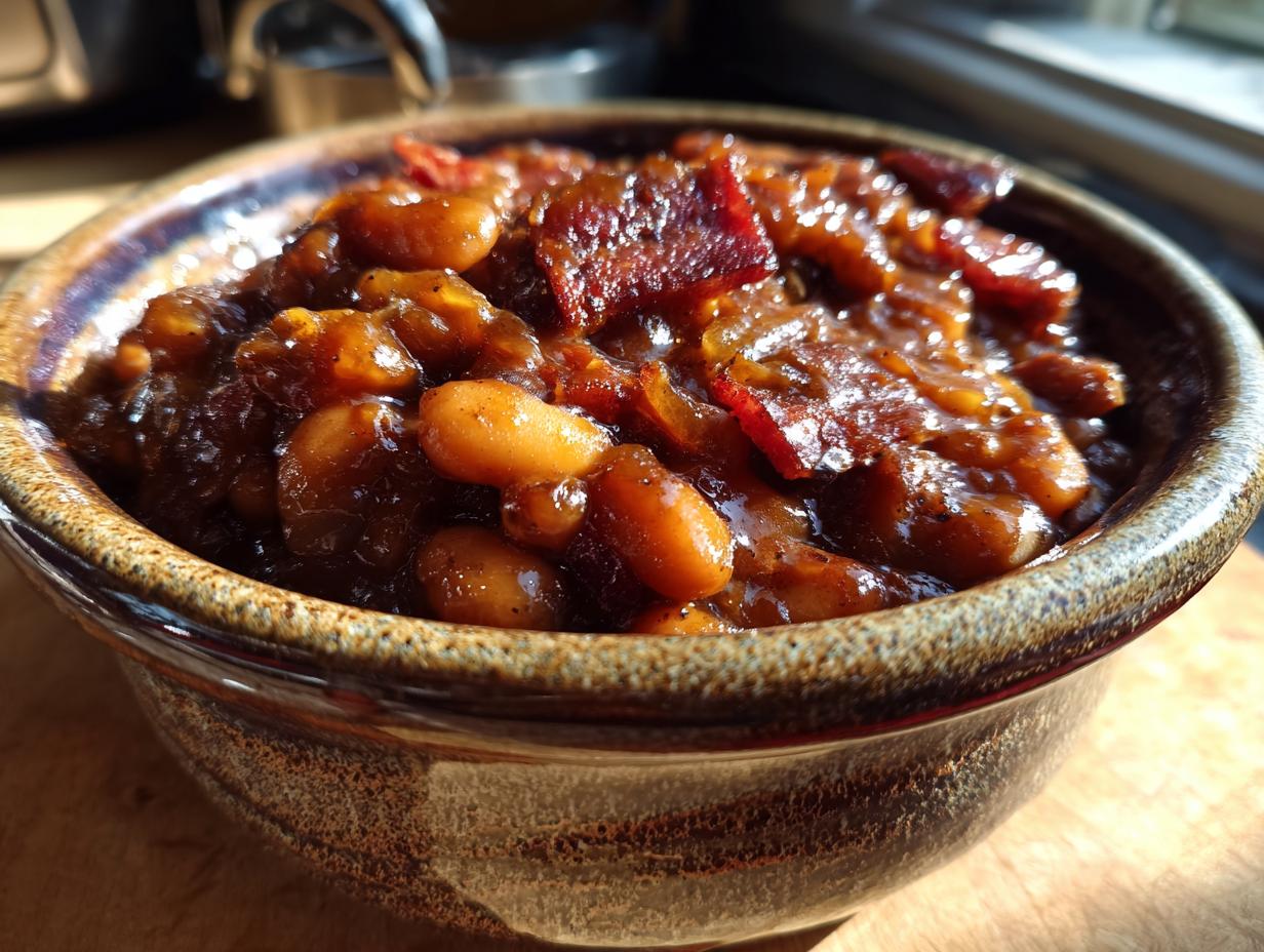 Close-up of a rustic bowl filled with savory baked beans and crispy bacon pieces.