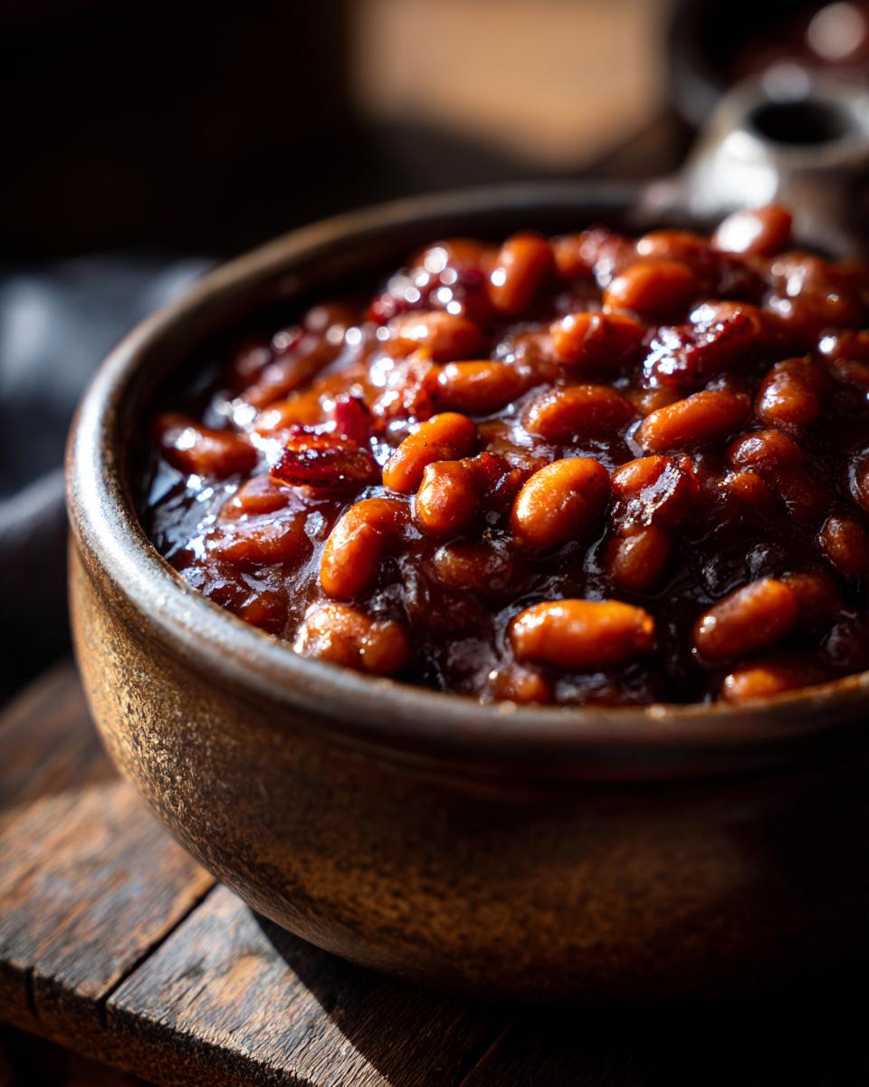 Close-up of a rustic bowl filled with rich, glossy baked beans.