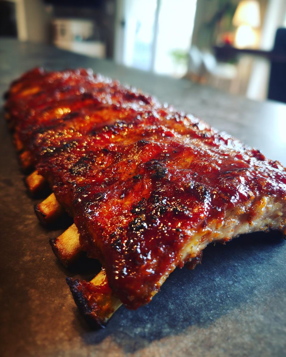 Close-up of a rack of tender BBQ ribs, glistening with a rich, dark glaze.