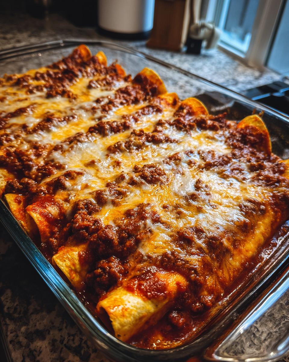 Close-up of freshly baked beef enchiladas covered in red sauce and melted cheese in a glass baking dish.
