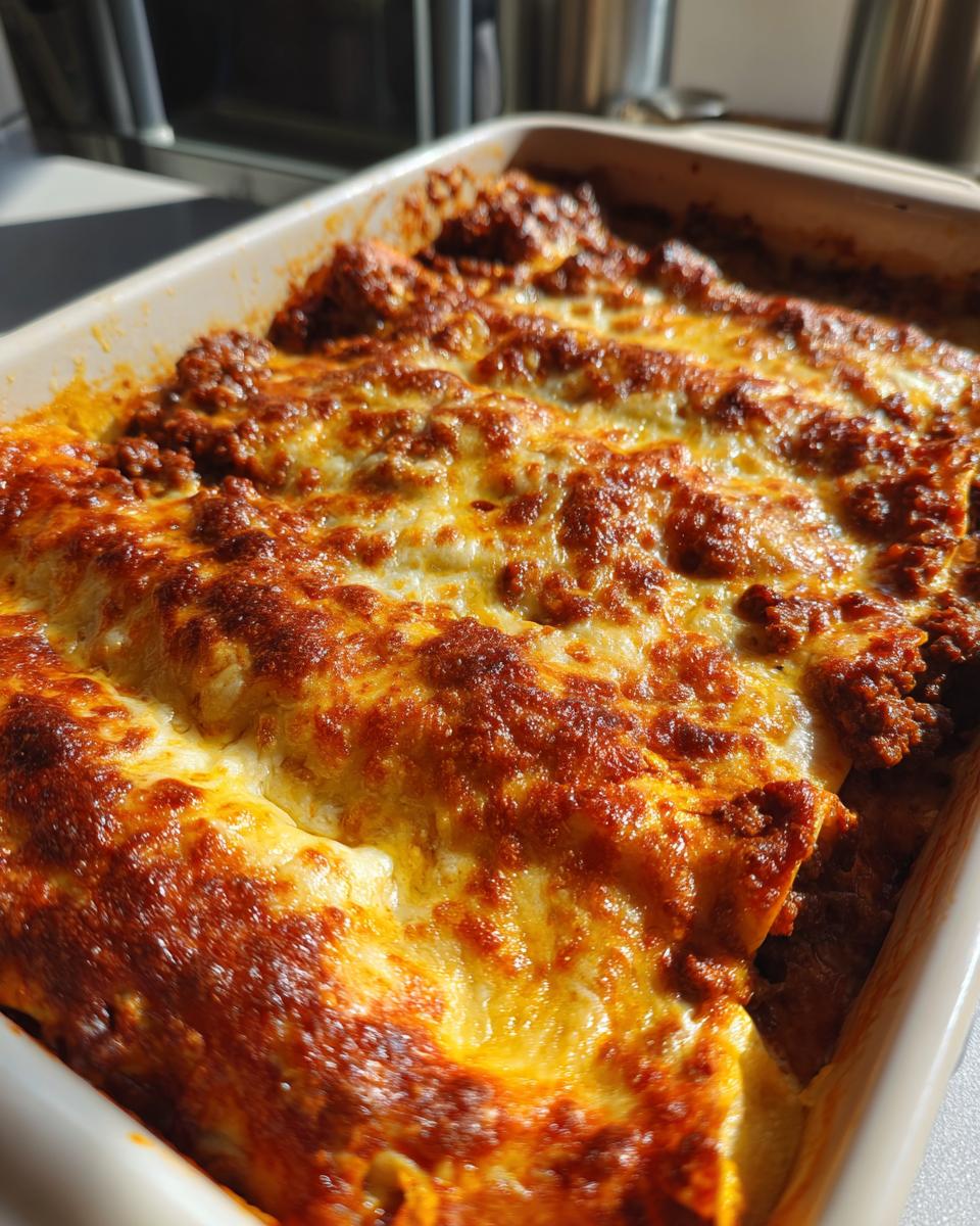 Close-up of baked beef enchiladas in a casserole dish, covered in melted cheese and rich sauce.