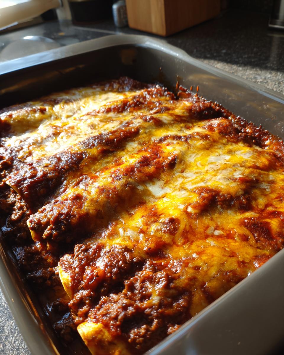 Close-up of freshly baked beef enchiladas in a baking dish, covered in rich enchilada sauce and melted cheese.