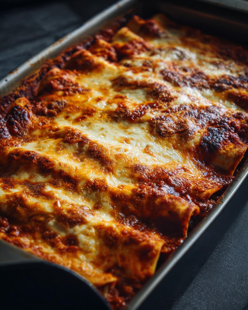 Close-up of freshly baked beef enchiladas in a baking dish, covered in melted cheese and red sauce.