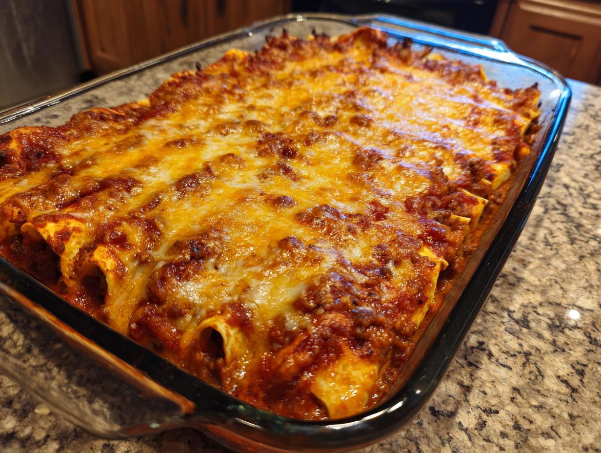 A close-up shot of a pan of delicious beef enchiladas, covered in melted cheese and red sauce.