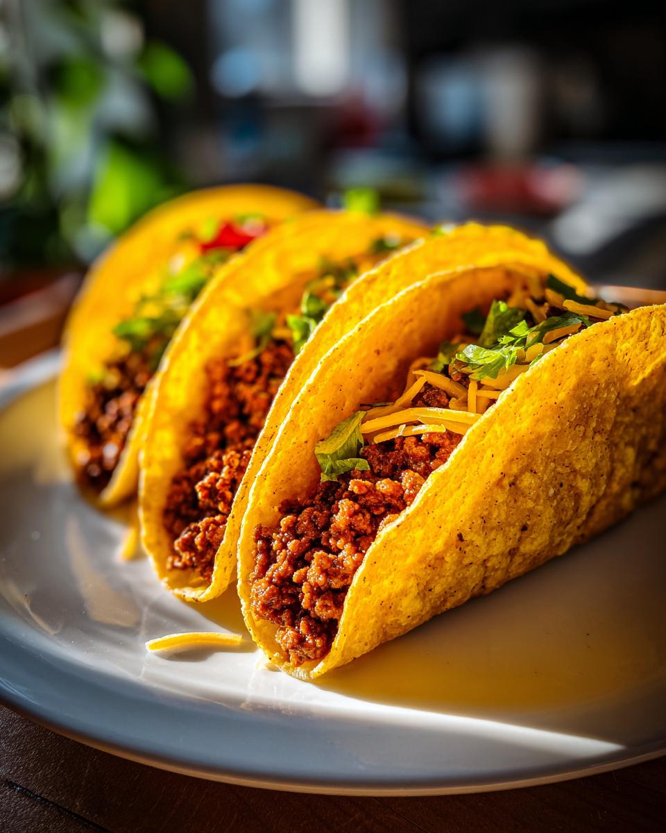 Three perfectly seasoned beef tacos filled with seasoned ground beef and shredded cheese on a white plate.