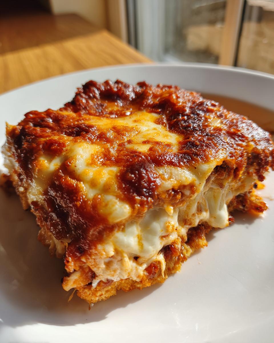 A delicious slice of Amazing Eggplant Parmesan, with melted cheese and rich tomato sauce.