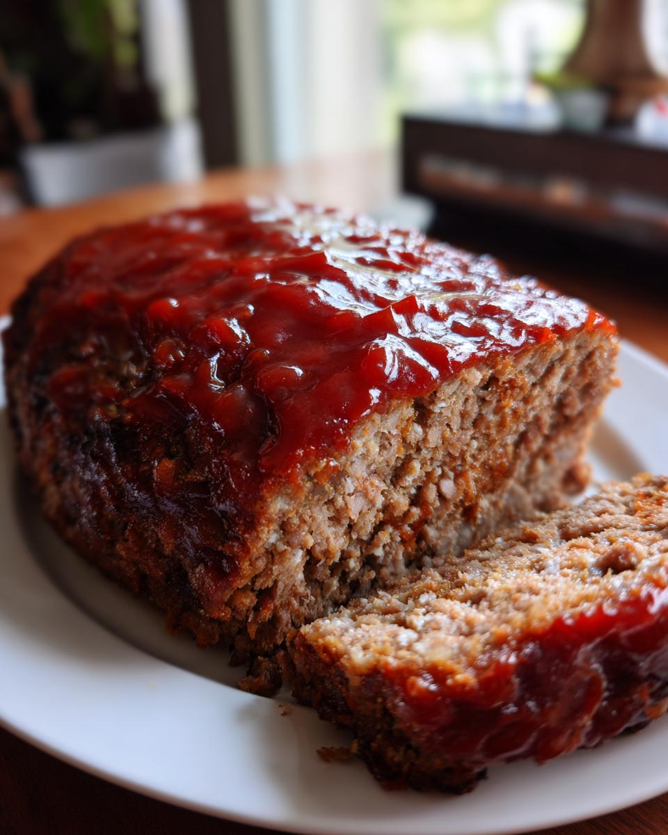 A close-up of a delicious meatloaf, sliced and topped with a glossy red glaze.