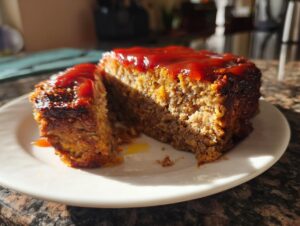A close-up of a slice of delicious meatloaf topped with ketchup, served on a white plate.