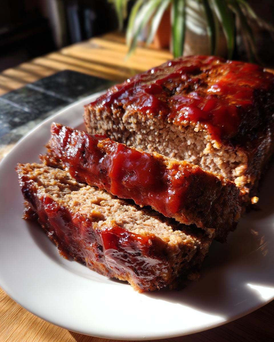 A close-up of a sliced meatloaf topped with a glossy glaze, ready to serve.