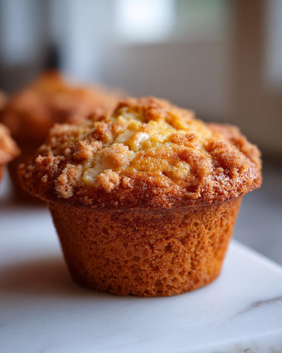 Close-up of a golden brown apple cinnamon muffin with a delicious crumble topping.