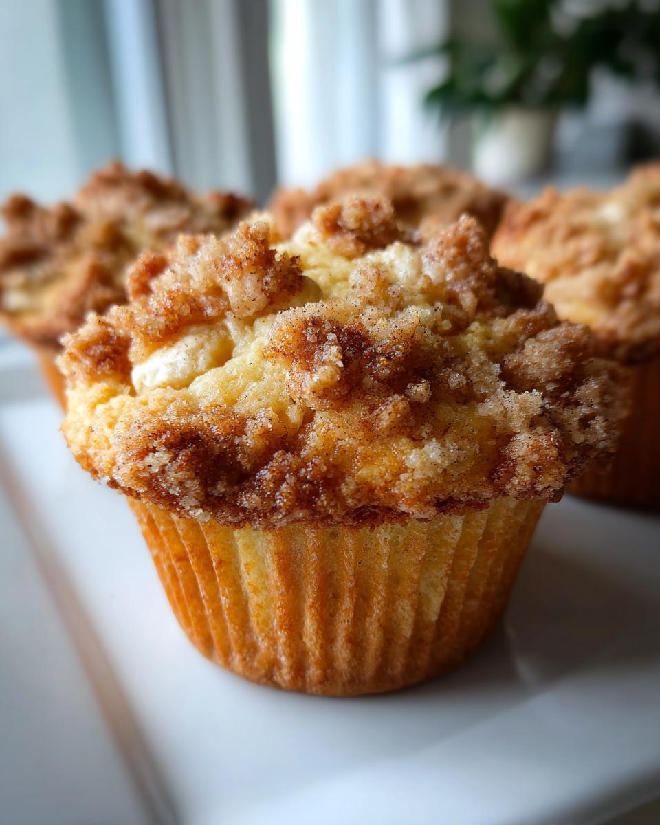 Close-up of a freshly baked Apple Cinnamon Muffin with a golden brown crumble topping.