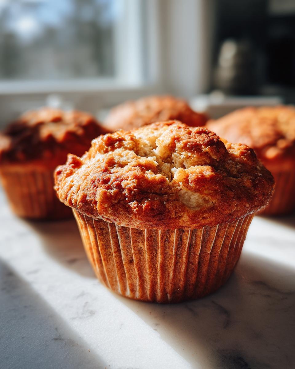 Close-up of a freshly baked apple cinnamon muffin with a golden-brown, crumbly top.