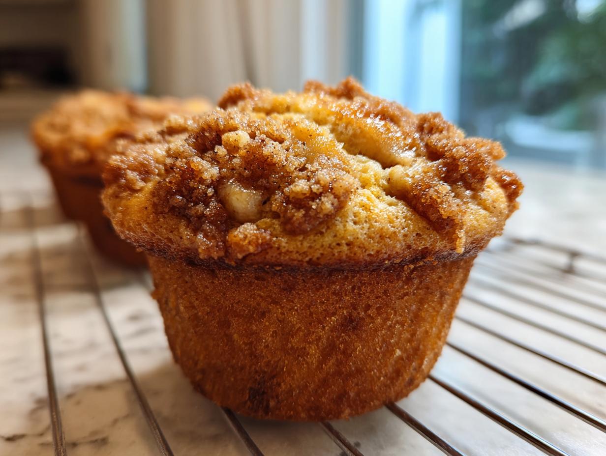 Close-up of a golden brown apple cinnamon muffin with a crumbly streusel topping, resting on a cooling rack.